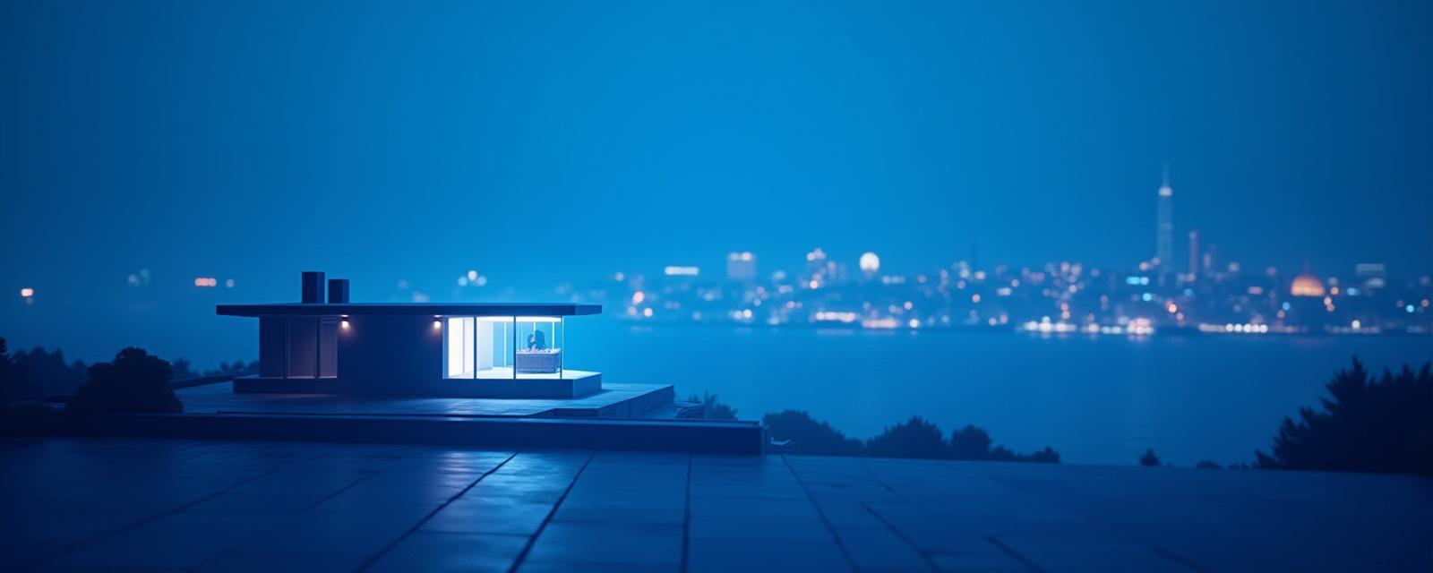 Gece ışıklarında akıllı ev ve İstanbul silueti, fütüristik aydınlatma